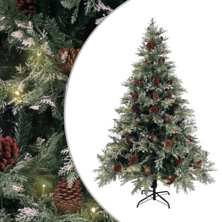 vidaXL Árbol de Navidad con luces y piñas PVC PE verde y blanco 150 cm