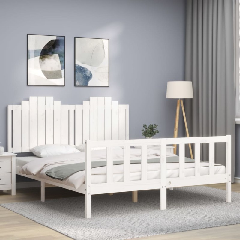 vidaXL Estructura de cama con cabecero madera maciza blanco 160x200 cm vidaXL Estructura de cama con cabecero madera maciza blanco 160x200 cm