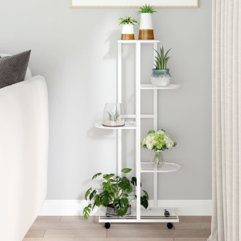 vidaXL Soporte para flores 5 alturas ruedas hierro blanco 44x23x100cm vidaXL Soporte para flores 5 alturas ruedas hierro blanco 44x23x100cm