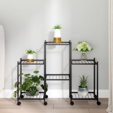 vidaXL Soporte para flores con ruedas hierro negro 83x25x63,5 cm