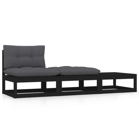 vidaXL Set de muebles de jardín 3 pzas con cojines madera pino negro