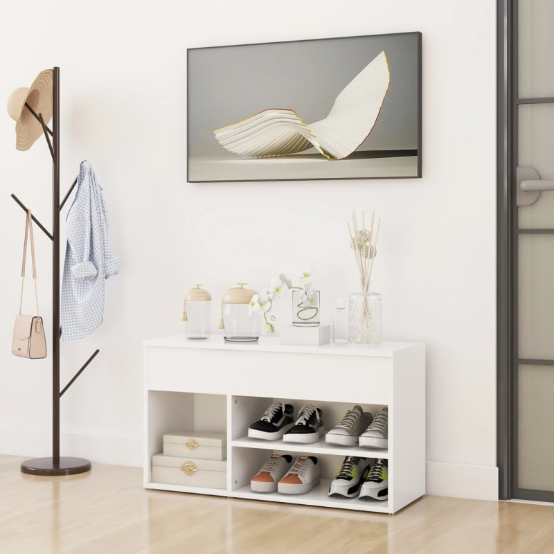 vidaXL Banco zapatero de madera contrachapada blanco 80x30x45 cm vidaXL Banco zapatero de madera contrachapada blanco 80x30x45 cm