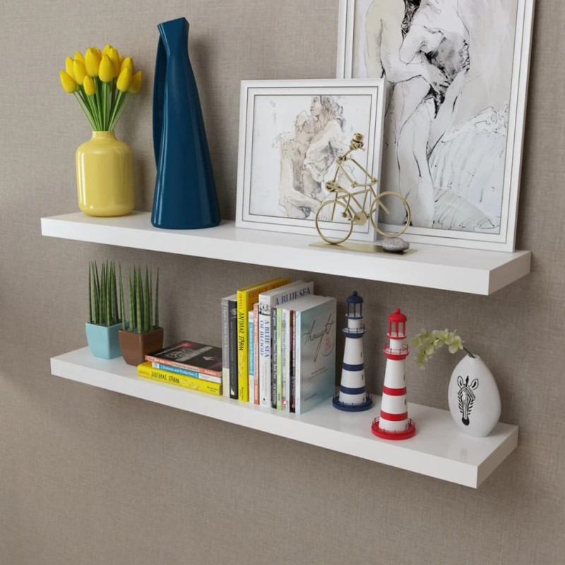 vidaXL Estantes flotantes de pared 2 uds MDF blanco para libros/DVD vidaXL Estantes flotantes de pared 2 uds MDF blanco para libros/DVD