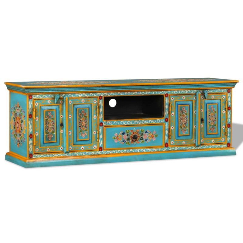 vidaXL Mueble para la TV de madera de mango azul maciza pintada a mano 