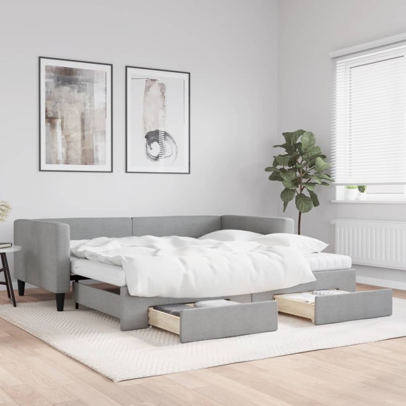 vidaXL Sofá cama nido con cajones tela gris claro 100x200 cm vidaXL Sofá cama nido con cajones tela gris claro 100x200 cm