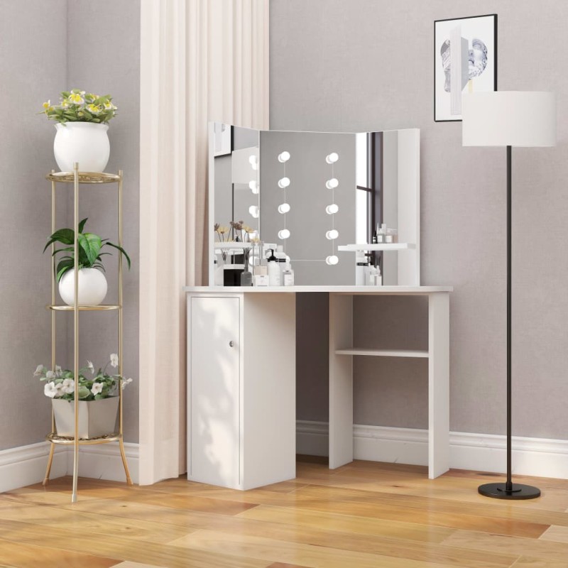 vidaXL Tocador de esquina mesa de maquillaje con luz LED blanca vidaXL Tocador de esquina mesa de maquillaje con luz LED blanca