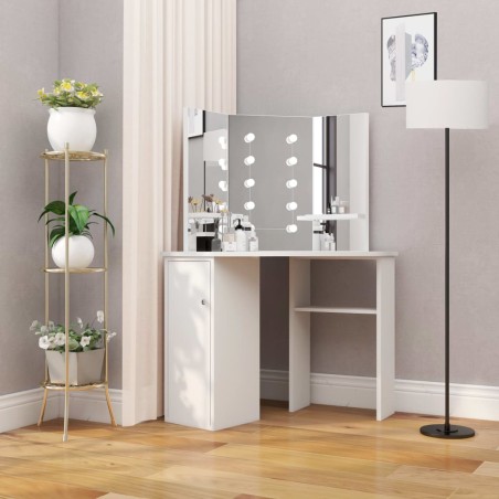 vidaXL Tocador de esquina mesa de maquillaje con luz LED blanca 