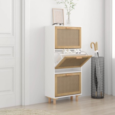 vidaXL Zapatero madera contrachapada blanco ratán natural 52x25x115 cm