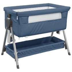 vidaXL Cuna con colchón tela de lino azul marino