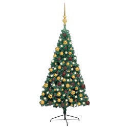 vidaXL Medio árbol de Navidad con luces y bolas verde 180 cm