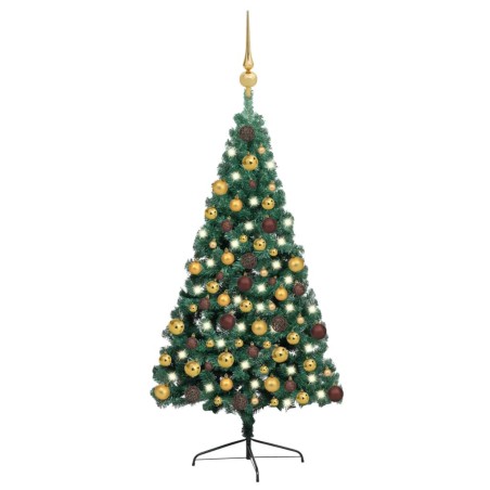 vidaXL Medio árbol de Navidad con luces y bolas verde 180 cm