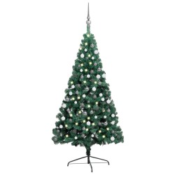 vidaXL Medio árbol de Navidad con luces y bolas verde 210 cm
