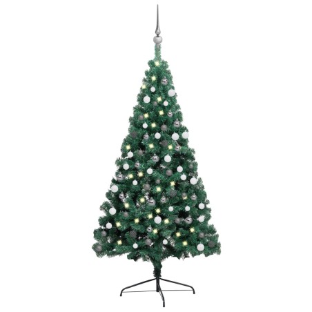 vidaXL Medio árbol de Navidad con luces y bolas verde 210 cm