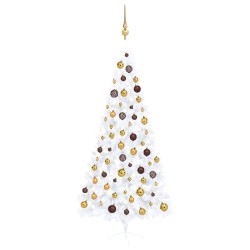 vidaXL Medio árbol de Navidad con luces y bolas blanco 120 cm