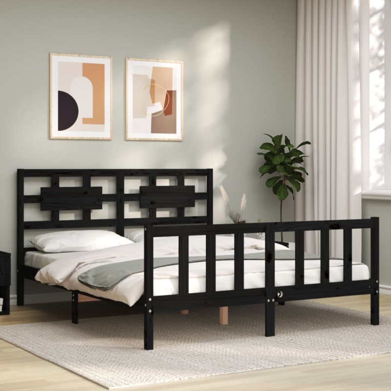 vidaXL Estructura cama de matrimonio con cabecero madera maciza negro vidaXL Estructura cama de matrimonio con cabecero madera maciza negro