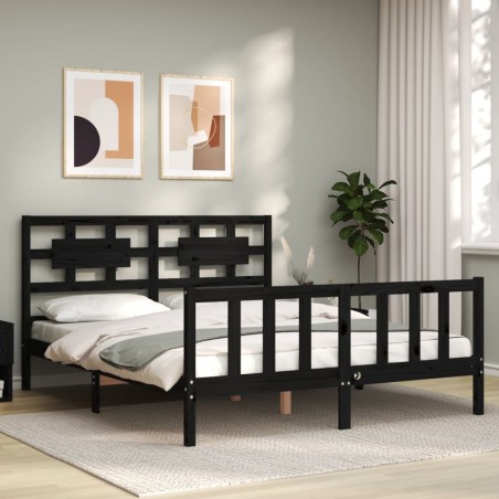 vidaXL Estructura cama de matrimonio con cabecero madera maciza negro