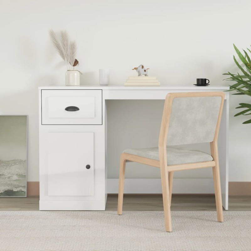 vidaXL Escritorio cajón madera contrachapada blanco brillo 115x50x75cm vidaXL Escritorio cajón madera contrachapada blanco brillo 115x50x75cm