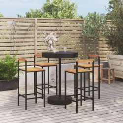 vidaXL Mesa bar y taburetes jardín 5 pzas madera acacia ratán PE negro