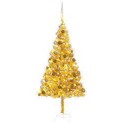 vidaXL Árbol de Navidad preiluminado con luces y bolas dorado 210 cm