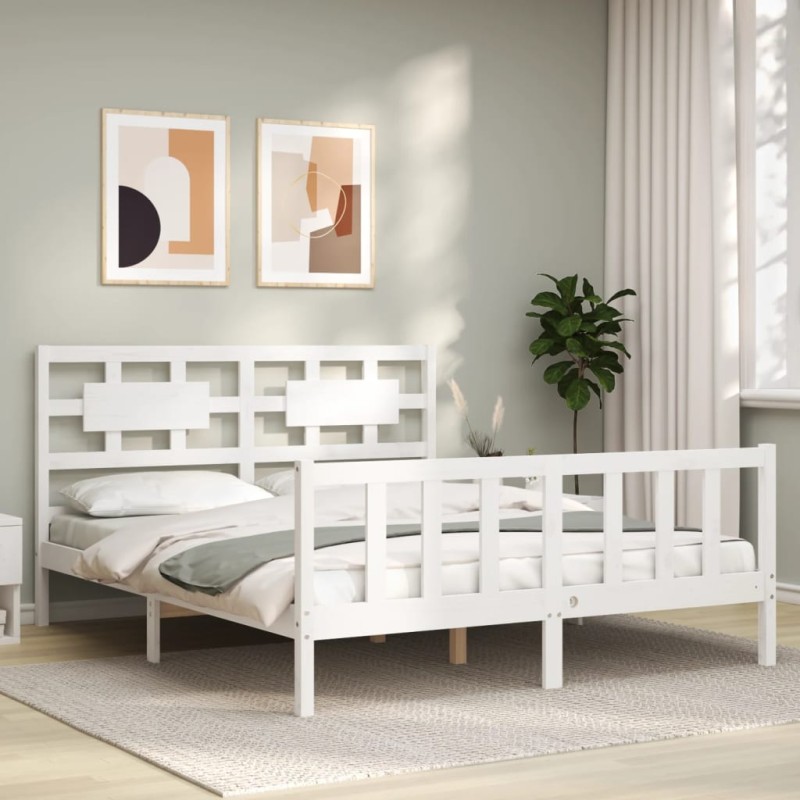 vidaXL Estructura de cama con cabecero madera maciza blanco 160x200 cm vidaXL Estructura de cama con cabecero madera maciza blanco 160x200 cm