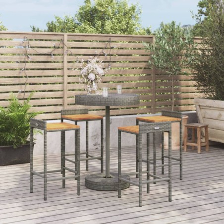 vidaXL Mesa bar y taburetes jardín 5 pzas madera acacia ratán PE gris