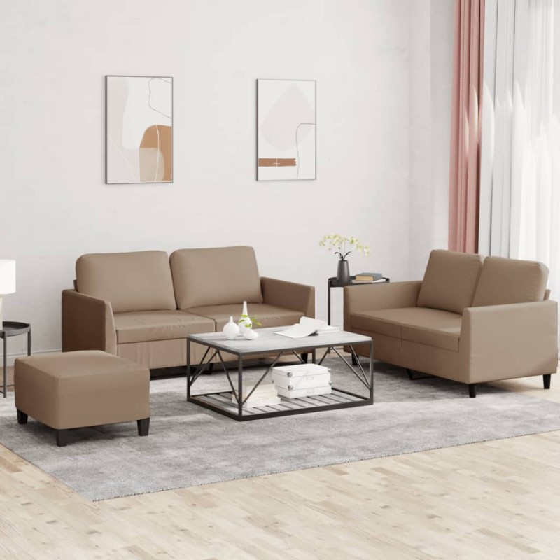 vidaXL Juego de sofás con cojines 3 piezas cuero sintético capuchino vidaXL Juego de sofás con cojines 3 piezas cuero sintético capuchino