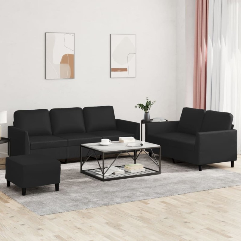 vidaXL Juego de sofás con cojines 3 piezas cuero sintético negro vidaXL Juego de sofás con cojines 3 piezas cuero sintético negro