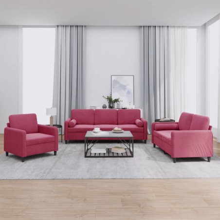 vidaXL Juego de sofás con cojines 3 piezas terciopelo rojo tinto