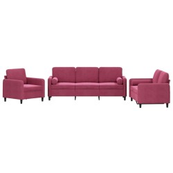 vidaXL Juego de sofás con cojines 3 piezas terciopelo rojo tinto