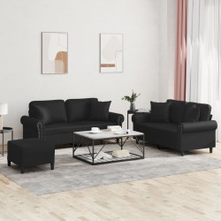 vidaXL Juego de sofás con cojines 3 piezas cuero sintético negro