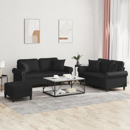 vidaXL Juego de sofás con cojines 3 piezas cuero sintético negro
