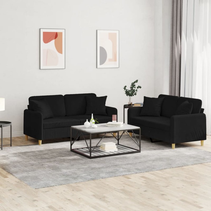 vidaXL Juego de sofás con cojines 2 piezas tela negro vidaXL Juego de sofás con cojines 2 piezas tela negro