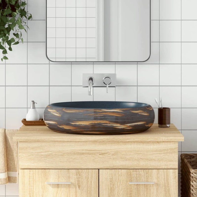 vidaXL Lavabo sobre encimera ovalado cerámica marrón y azul 59x40x15cm vidaXL Lavabo sobre encimera ovalado cerámica marrón y azul 59x40x15cm