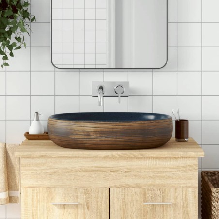 vidaXL Lavabo sobre encimera ovalado cerámica marrón y azul 59x40x14cm