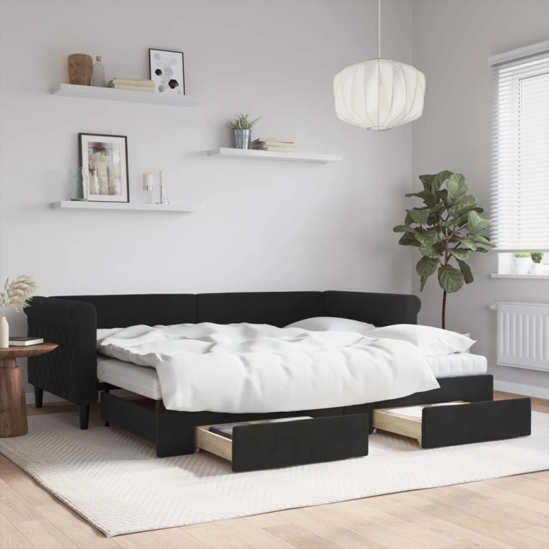 vidaXL Sofá cama nido con cajones terciopelo negro 90x200 cm vidaXL Sofá cama nido con cajones terciopelo negro 90x200 cm