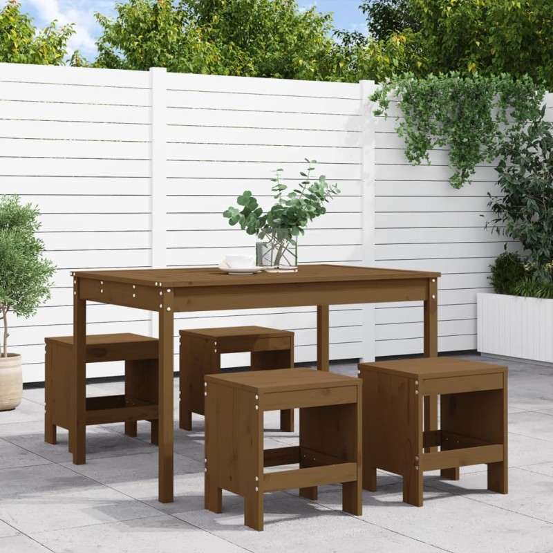 vidaXL Set de comedor de jardín 5 pzas madera maciza pino marrón miel vidaXL Set de comedor de jardín 5 pzas madera maciza pino marrón miel