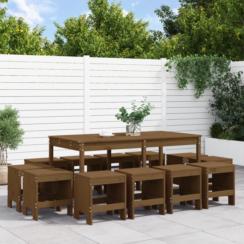 vidaXL Set de comedor de jardín 13 pzas madera maciza pino marrón miel vidaXL Set de comedor de jardín 13 pzas madera maciza pino marrón miel
