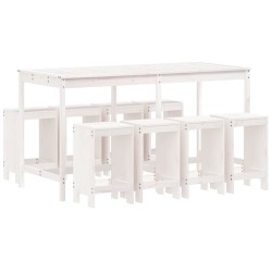 vidaXL Mesa y taburetes altos jardín 9 pzas madera maciza pino blanco