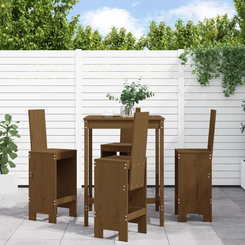 vidaXL Mesa y taburetes altos de jardín 5 pzas madera pino marrón miel vidaXL Mesa y taburetes altos de jardín 5 pzas madera pino marrón miel