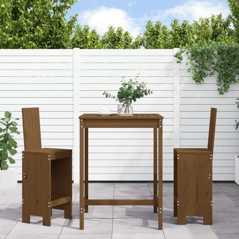 vidaXL Mesa y taburetes altos de jardín 3 pzas madera pino marrón miel vidaXL Mesa y taburetes altos de jardín 3 pzas madera pino marrón miel