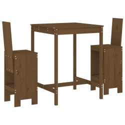vidaXL Mesa y taburetes altos de jardín 3 pzas madera pino marrón miel