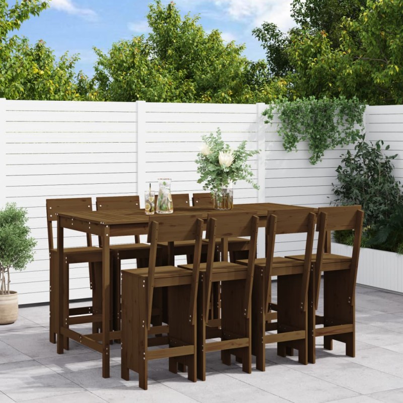 vidaXL Mesa y taburetes altos de jardín 9 pzas madera pino marrón miel vidaXL Mesa y taburetes altos de jardín 9 pzas madera pino marrón miel
