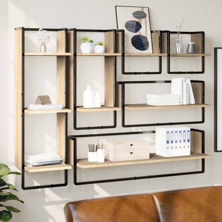 vidaXL Estantes pared con barras 6 pzas madera ingeniería roble Sonoma