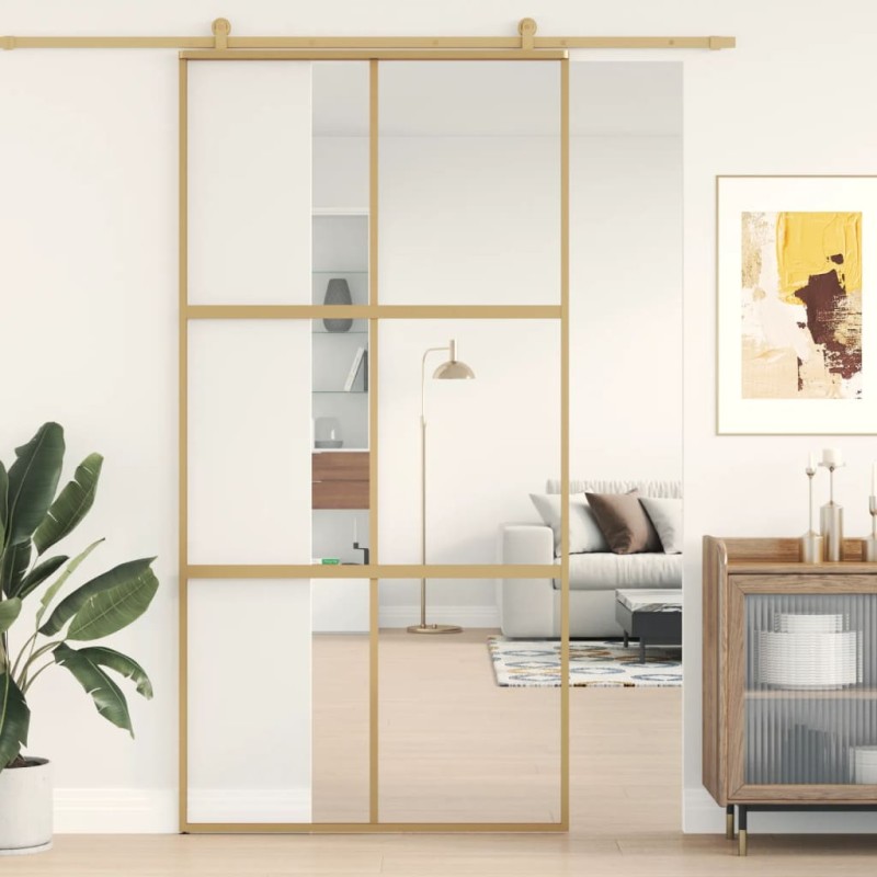 vidaXL Puerta corredera dorada de vidrio ESG transparente y aluminio vidaXL Puerta corredera dorada de vidrio ESG transparente y aluminio
