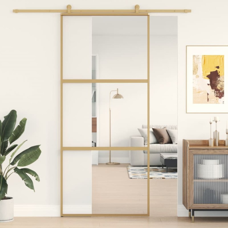 vidaXL Puerta corredera dorada de vidrio ESG transparente y aluminio vidaXL Puerta corredera dorada de vidrio ESG transparente y aluminio