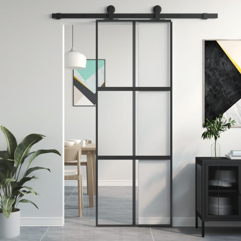 vidaXL Puerta corredera vidrio templado y aluminio negra 76x205 cm vidaXL Puerta corredera vidrio templado y aluminio negra 76x205 cm