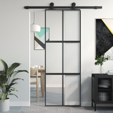 vidaXL Puerta corredera vidrio templado y aluminio negra 76x205 cm