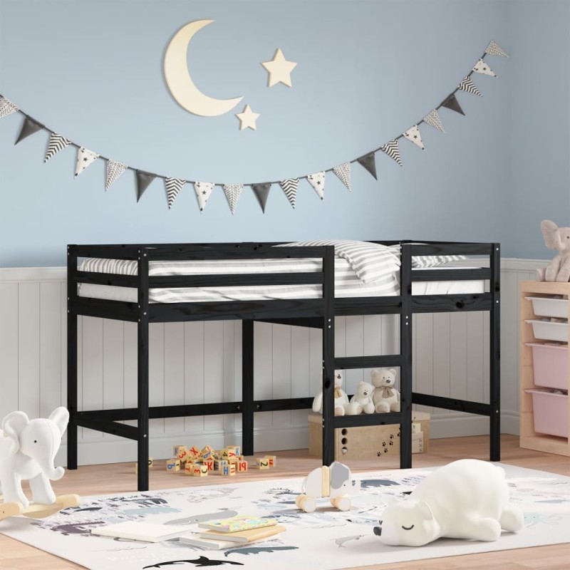 vidaXL Cama alta de niños escalera madera maciza pino negra 90x200 cm vidaXL Cama alta de niños escalera madera maciza pino negra 90x200 cm