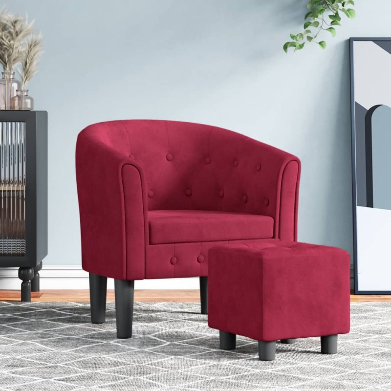vidaXL Sillón con taburete terciopelo rojo tinto vidaXL Sillón con taburete terciopelo rojo tinto