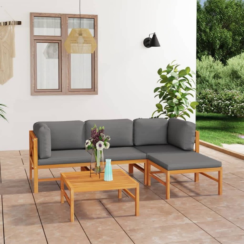 vidaXL Set de muebles de jardín 5 pzas madera de teca y cojines gris vidaXL Set de muebles de jardín 5 pzas madera de teca y cojines gris